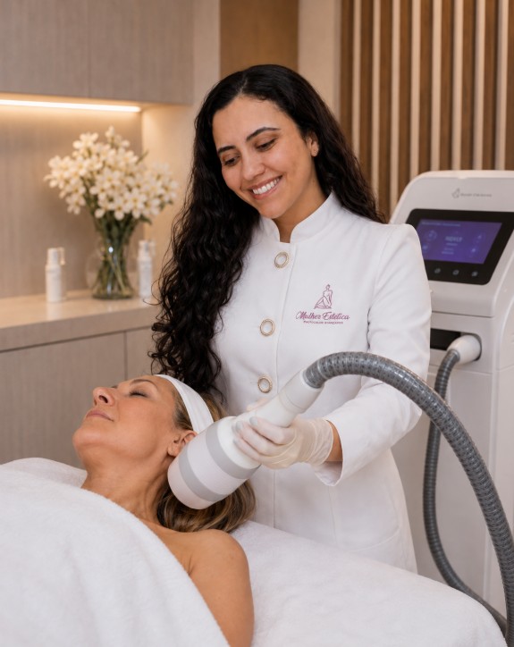 Tratamento facial para estimular colágeno, melhorar firmeza e promover rejuvenescimento