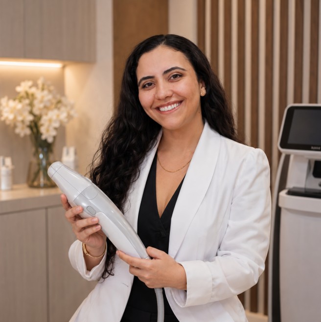 Profissional da Mulher Estética segurando o equipamento Ultraformer MPT